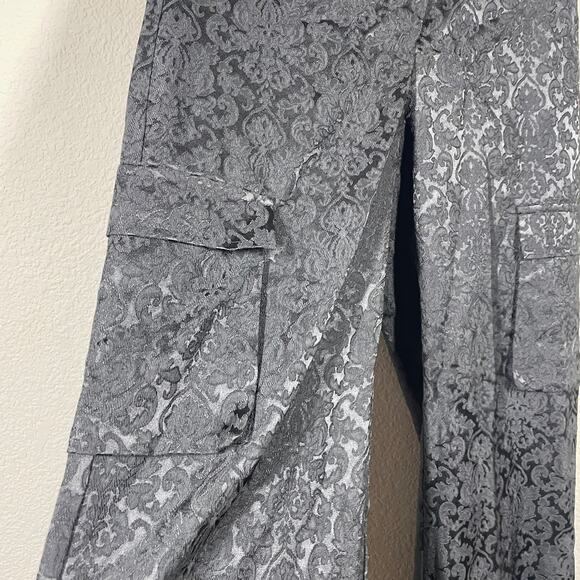 Cider XS Asymmetric Button Floral Brocade Wide Leg Cargo Pockets Pants Black - Picture 4 of 9